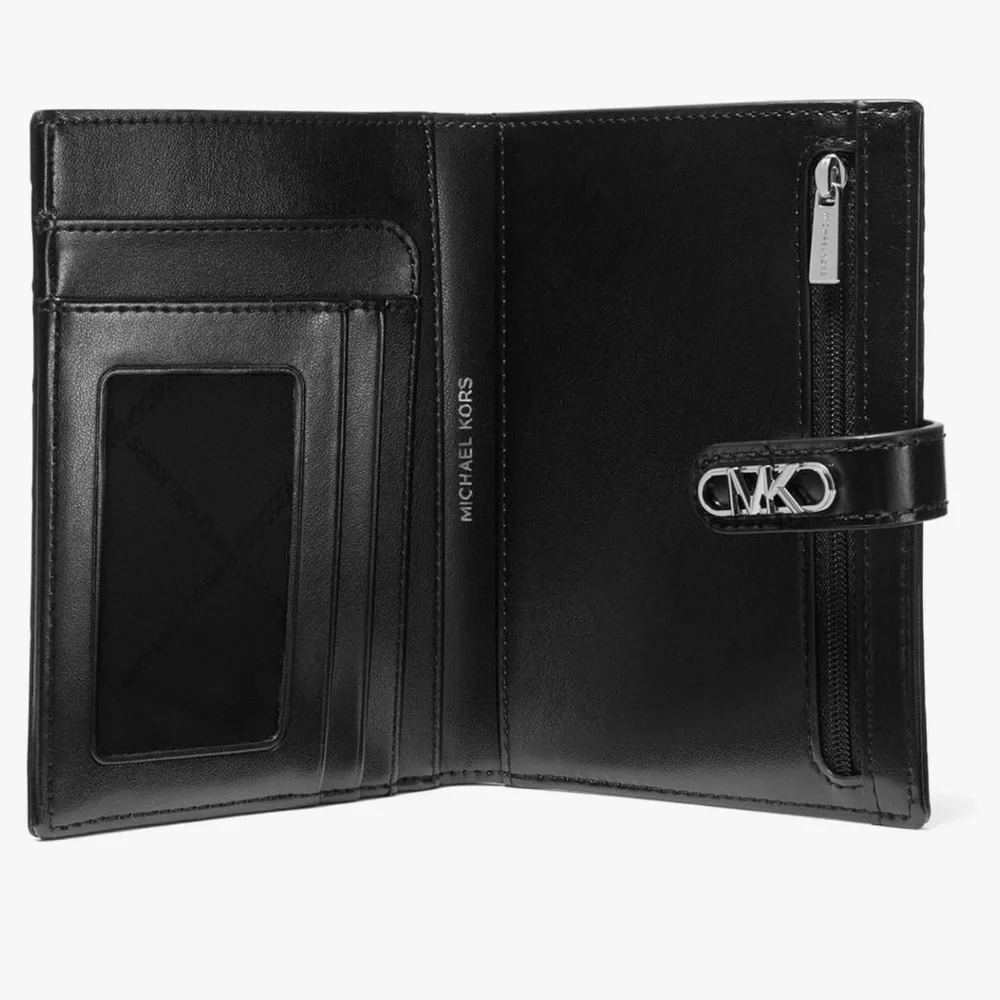 Michael Kors Empire Metallic Crocodile Embossed Leather Passport Wallet Black